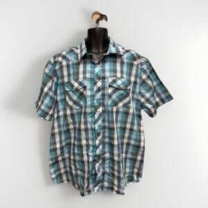 Giobert Mens Western Shirt Size 2XL XXL Blue Plaid Pearl Snap Short Sleeve